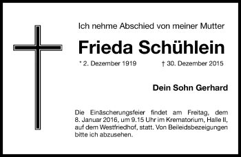 Traueranzeige von Frieda Schühlein von Gesamtausgabe Nürnberger Nachrichten/ Nürnberger Ztg.