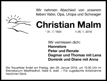 Traueranzeige von Christian Malm von Gesamtausgabe Nürnberger Nachrichten/ Nürnberger Ztg.