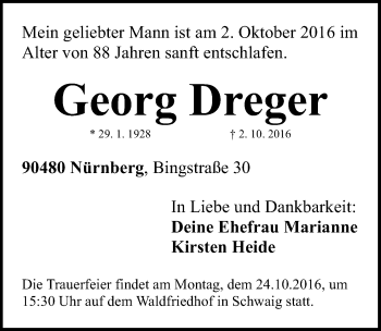 Traueranzeige von Georg Dreger von Gesamtausgabe Nürnberger Nachrichten/ Nürnberger Ztg.