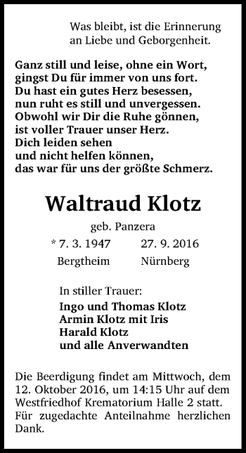 Traueranzeige von Waltraud Klotz von Gesamtausgabe Nürnberger Nachrichten/ Nürnberger Ztg.