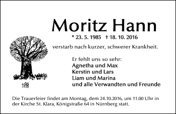 Traueranzeige von Moritz Hann von Gesamtausgabe Nürnberger Nachrichten/ Nürnberger Ztg.