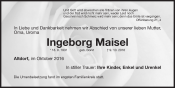 Traueranzeige von Ingeborg Maisel von Gesamtausgabe Nürnberger Nachrichten/ Nürnberger Ztg.