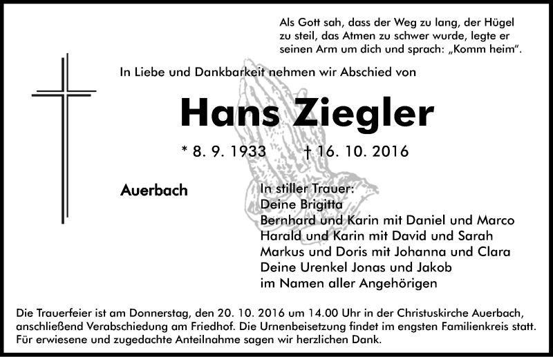  Traueranzeige für Hanz Ziegler vom 19.10.2016 aus Nordbayerische Nachrichten Pegnitz Lokal
