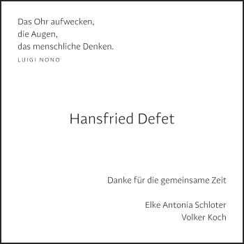 Traueranzeige von Hansfried Defet von Gesamtausgabe Nürnberger Nachrichten/ Nürnberger Ztg.
