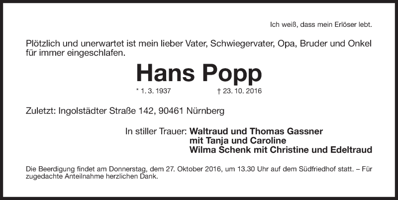  Traueranzeige für Hans Popp vom 25.10.2016 aus Gesamtausgabe Nürnberger Nachrichten/ Nürnberger Ztg.