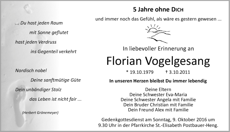  Traueranzeige für Florian Vogelgesang vom 03.10.2016 aus Neumarkter Nachrichten Lokal