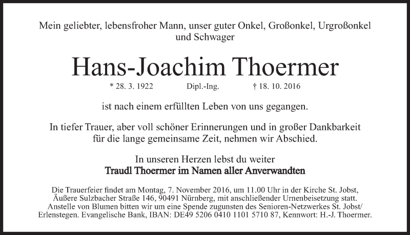  Traueranzeige für Hans-Joachim Thoermer vom 29.10.2016 aus Gesamtausgabe Nürnberger Nachrichten/ Nürnberger Ztg.