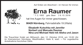 Traueranzeige von Erna Raumer von Gesamtausgabe Nürnberger Nachrichten/ Nürnberger Ztg.