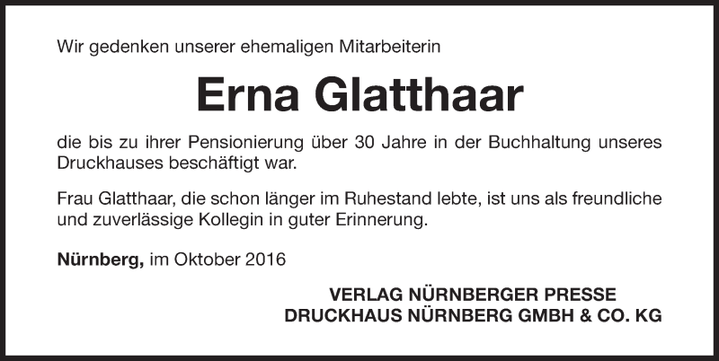  Traueranzeige für Erna Glatthaar vom 26.10.2016 aus Gesamtausgabe Nürnberger Nachrichten/ Nürnberger Ztg.