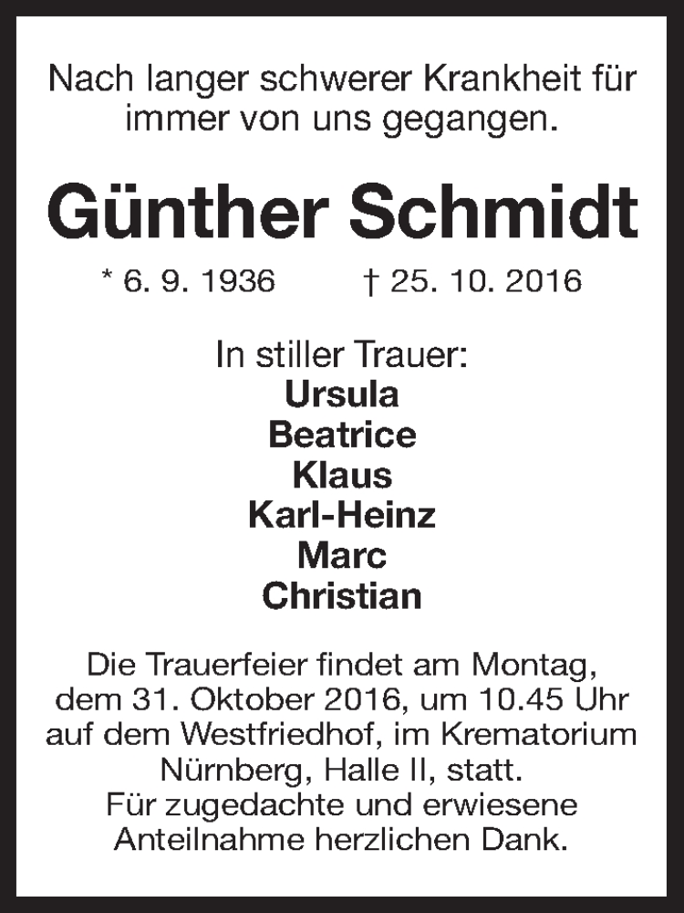  Traueranzeige für Günther Schmidt vom 29.10.2016 aus Gesamtausgabe Nürnberger Nachrichten/ Nürnberger Ztg.
