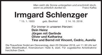 Traueranzeige von Irmgard Schlenzger von Gesamtausgabe Nürnberger Nachrichten/ Nürnberger Ztg.