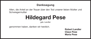 Traueranzeige von Hildegard Pese von Gesamtausgabe Nürnberger Nachrichten/ Nürnberger Ztg.