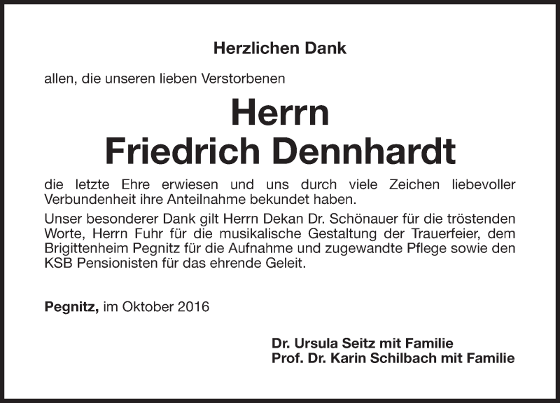  Traueranzeige für Friedrich Dennhardt vom 22.10.2016 aus Nordbayerische Nachrichten Pegnitz Lokal