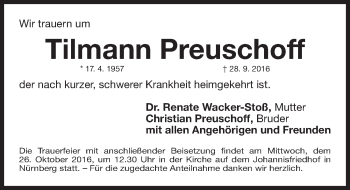 Traueranzeige von Tilmann Preuschoff von Gesamtausgabe Nürnberger Nachrichten/ Nürnberger Ztg.
