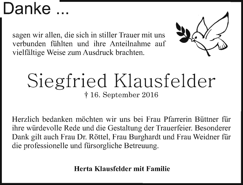  Traueranzeige für Siegfried Klausfelder vom 01.10.2016 aus Schwabach