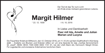 Traueranzeige von Margit Hilmer von Gesamtausgabe Nürnberger Nachrichten/ Nürnberger Ztg.
