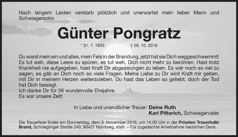  Traueranzeige für Günter Pongratz vom 31.10.2016 aus Gesamtausgabe Nürnberger Nachrichten/ Nürnberger Ztg.