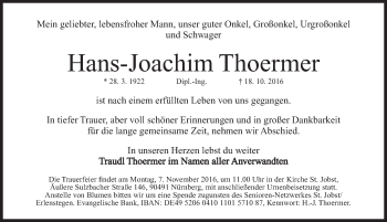 Traueranzeige von Hans-Joachim Thoermer von Gesamtausgabe Nürnberger Nachrichten/ Nürnberger Ztg.