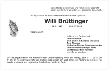Traueranzeige von Willi Brüttinger von Nordbayerische Nachrichten Pegnitz Lokal