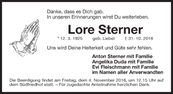 Traueranzeige von Lore Sterner von Gesamtausgabe Nürnberger Nachrichten/ Nürnberger Ztg.