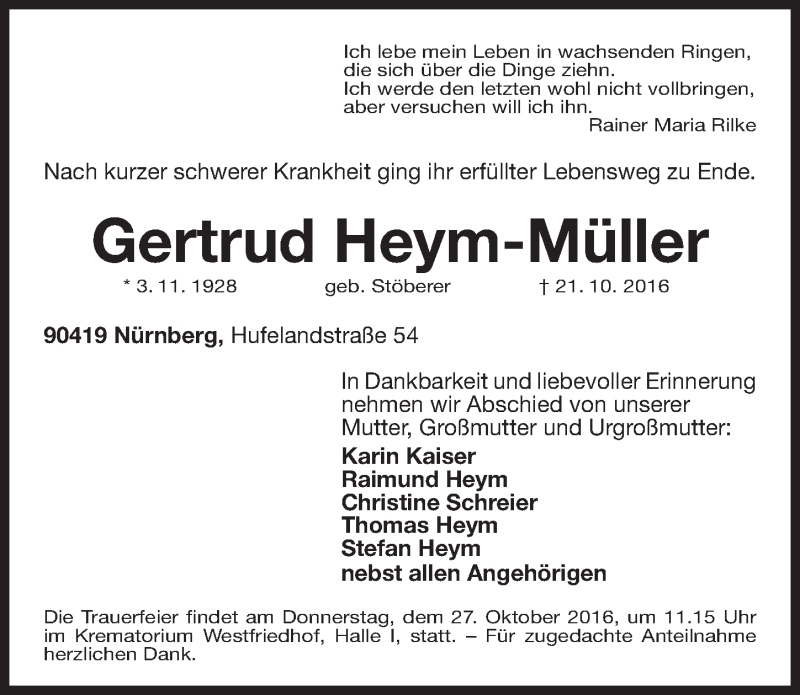 Traueranzeige für Gertrud Heym-Müller vom 25.10.2016 aus Gesamtausgabe Nürnberger Nachrichten/ Nürnberger Ztg.