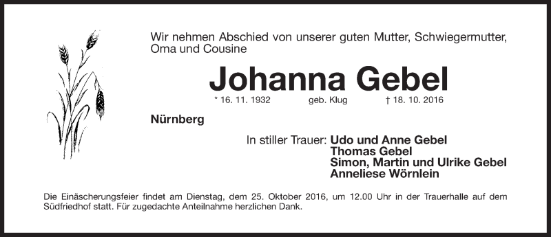  Traueranzeige für Johanna Gebel vom 22.10.2016 aus Gesamtausgabe Nürnberger Nachrichten/ Nürnberger Ztg.