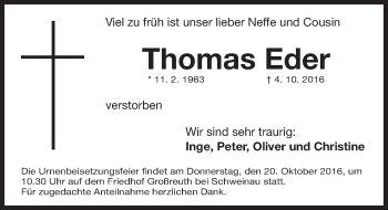 Traueranzeige von Thomas Eder von Gesamtausgabe Nürnberger Nachrichten/ Nürnberger Ztg.