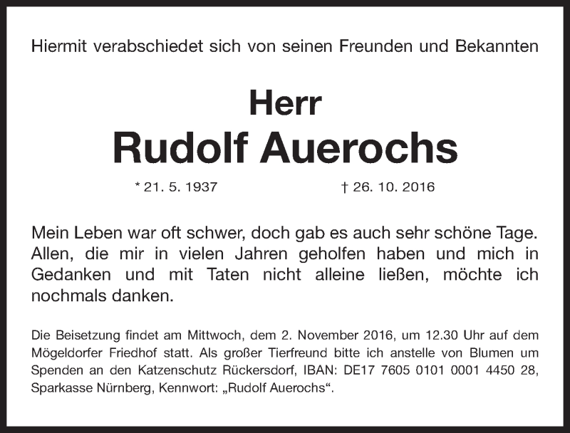  Traueranzeige für Rudolf Auerochs vom 29.10.2016 aus Gesamtausgabe Nürnberger Nachrichten/ Nürnberger Ztg.