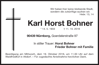Traueranzeige von Karl Horst Bohner von Gesamtausgabe Nürnberger Nachrichten/ Nürnberger Ztg.