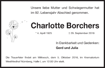 Traueranzeige von Charlotte Borchers von Gesamtausgabe Nürnberger Nachrichten/ Nürnberger Ztg.