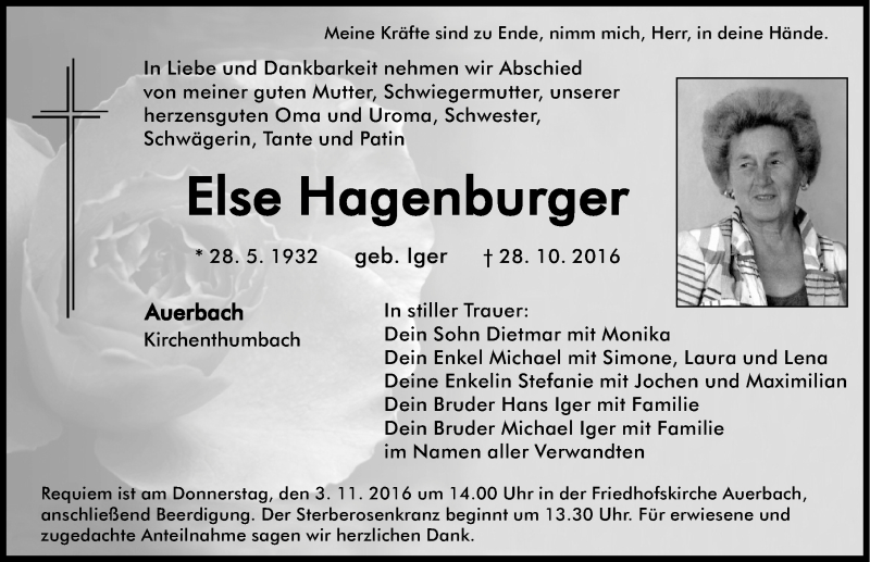  Traueranzeige für Else Hagenburger vom 31.10.2016 aus Nordbayerische Nachrichten Pegnitz Lokal