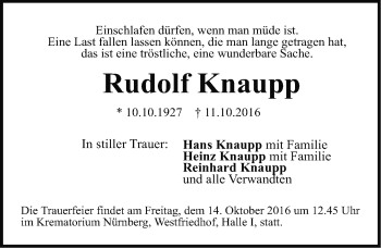 Traueranzeige von Rudolf Knaupp von Neumarkter Nachrichten Lokal