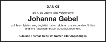 Traueranzeige von Johanna Gebel von Gesamtausgabe Nürnberger Nachrichten/ Nürnberger Ztg.