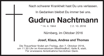 Traueranzeige von Gudrun Nachtmann von Gesamtausgabe Nürnberger Nachrichten/ Nürnberger Ztg.