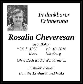 Traueranzeige von Rosalia Cheveresan von Gesamtausgabe Nürnberger Nachrichten/ Nürnberger Ztg.