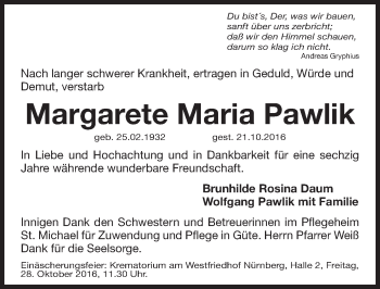 Traueranzeige von Margarete Maria Pawlik von Gesamtausgabe Nürnberger Nachrichten/ Nürnberger Ztg.
