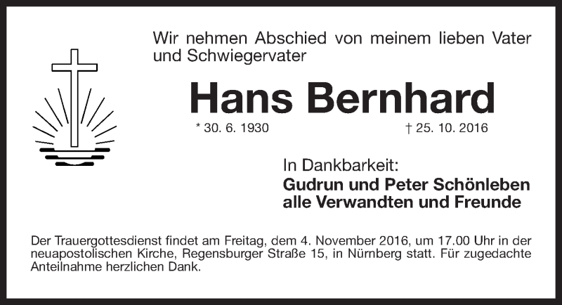  Traueranzeige für Hans Bernhard vom 01.11.2016 aus Gesamtausgabe Nürnberger Nachrichten/ Nürnberger Ztg.