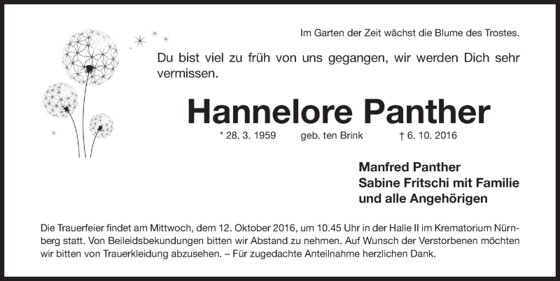  Traueranzeige für Hannelore Panther vom 08.10.2016 aus Gesamtausgabe Nürnberger Nachrichten/ Nürnberger Ztg.