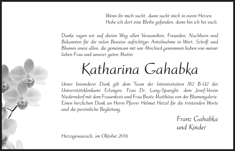  Traueranzeige für Katharina Gahabka vom 29.10.2016 aus Nordbayerische Nachrichten Herzogenaurach Lokal