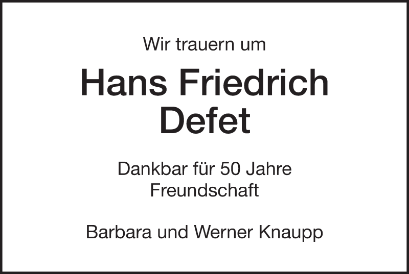  Traueranzeige für Hansfried Defet vom 01.11.2016 aus Gesamtausgabe Nürnberger Nachrichten/ Nürnberger Ztg.