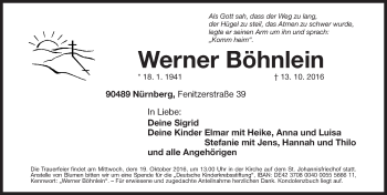 Traueranzeige von Werner Böhnlein von Gesamtausgabe Nürnberger Nachrichten/ Nürnberger Ztg.