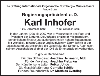 Traueranzeige von Karl Inhofer von Gesamtausgabe Nürnberger Nachrichten/ Nürnberger Ztg.