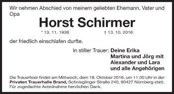 Traueranzeige von Horst Schirmer von Gesamtausgabe Nürnberger Nachrichten/ Nürnberger Ztg.