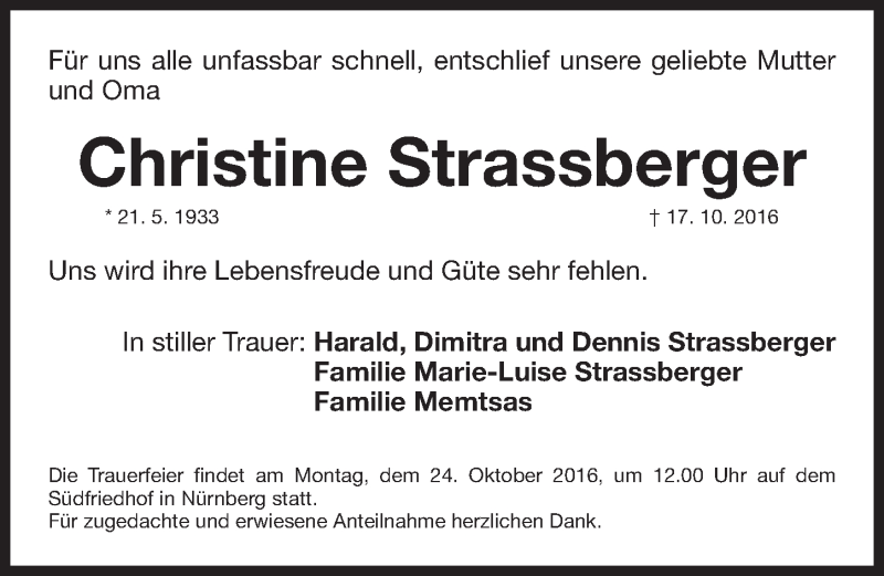  Traueranzeige für Christine Strassberger vom 22.10.2016 aus Gesamtausgabe Nürnberger Nachrichten/ Nürnberger Ztg.