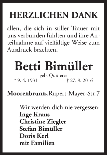 Traueranzeige von Betti Bimüller von Gesamtausgabe Nürnberger Nachrichten/ Nürnberger Ztg.