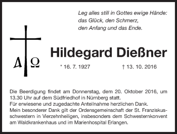 Traueranzeige von Hildegard Dießner von Gesamtausgabe Nürnberger Nachrichten/ Nürnberger Ztg.