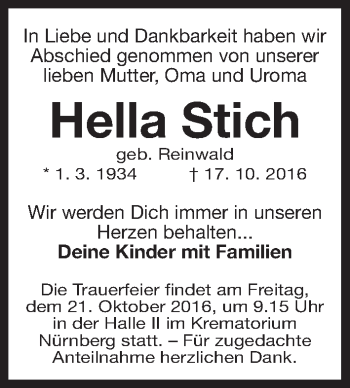 Traueranzeige von Hella Stich von Gesamtausgabe Nürnberger Nachrichten/ Nürnberger Ztg.
