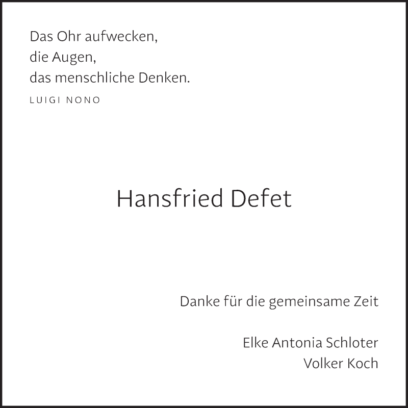  Traueranzeige für Hansfried Defet vom 01.11.2016 aus Gesamtausgabe Nürnberger Nachrichten/ Nürnberger Ztg.