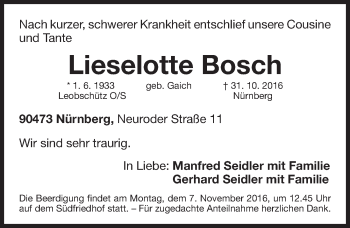 Traueranzeige von Lieselotte Bosch von Gesamtausgabe Nürnberger Nachrichten/ Nürnberger Ztg.