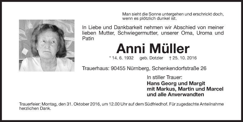  Traueranzeige für Anni Müller vom 29.10.2016 aus Gesamtausgabe Nürnberger Nachrichten/ Nürnberger Ztg.